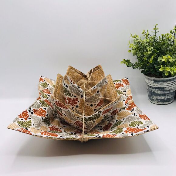 Set of Three Microwave Bowl Cozy Holder, Reversible, Monstera Plant Leaves Print - Picture 5 of 10